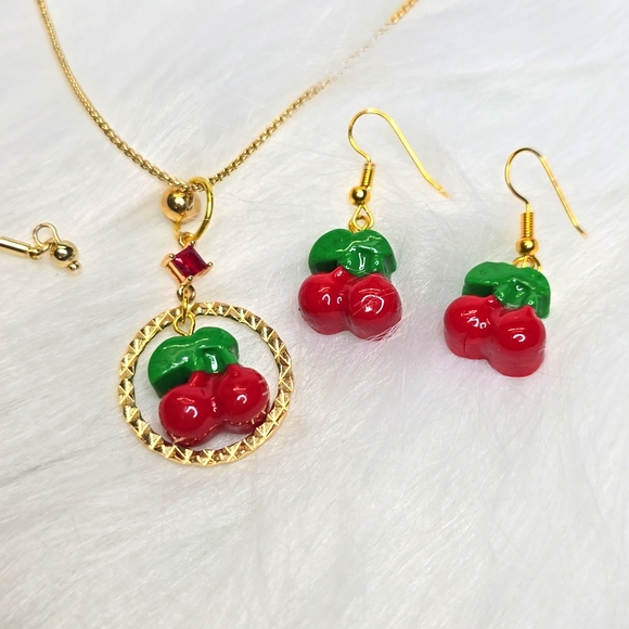 Cherry Gold Necklace Earrings Set - Picture 2 of 2